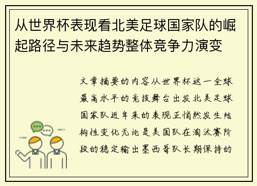 从世界杯表现看北美足球国家队的崛起路径与未来趋势整体竞争力演变 从世界杯表现看北美足球国家队的崛起路径与未来趋势整体竞争力演变